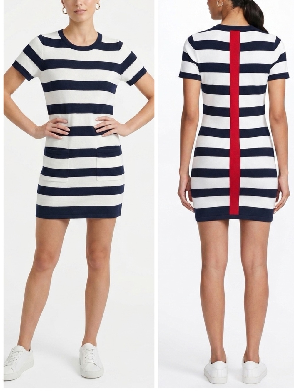 Mo:vint Navy Blue White Stripe Nautical Short Sleeve Knit Bodycon Dress Sz M